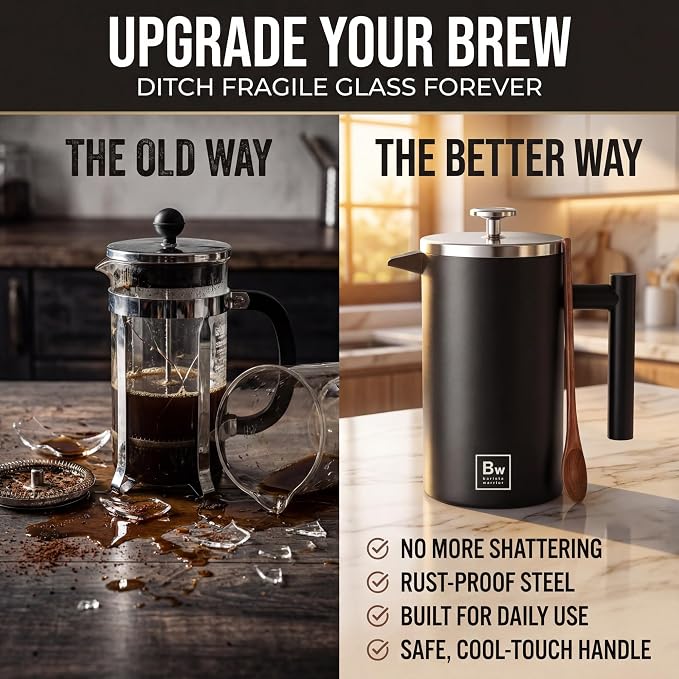 Barista Warrior French Press Coffee Maker - Double-Wall Stainless Steel Insulated French Press with Built-In Thermometer, Dual Filters Coffee Maker with Wooden Spoon - Black