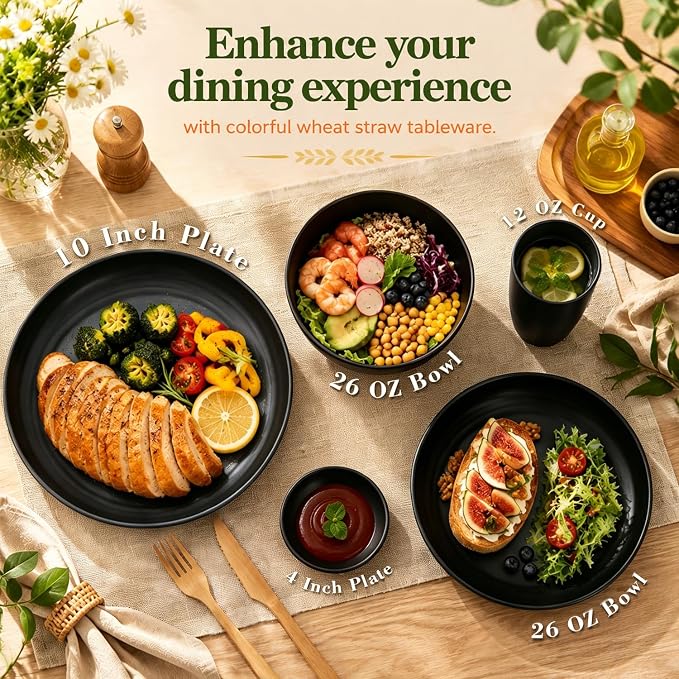 Wrova Wheat Straw Dinnerware Sets 40-Piece- Kitchen Plates and Bowls Sets for 8- Unbreakable Dishes Set Microwave Safe- Deep Dinner Plates/Cereal Bowls/Sauce Dishes/Drink Cups for RV,Apartment- Black