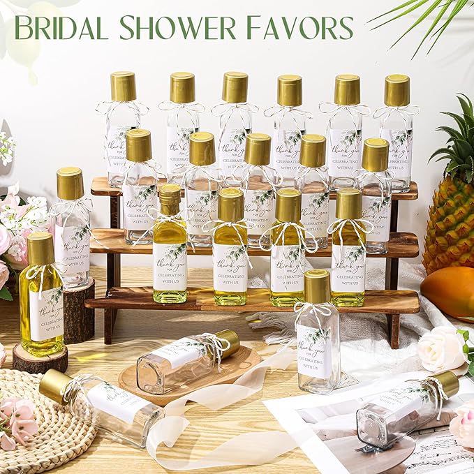 Reallnaive 30 Pack 3 oz Mini Glass Olive Oil Bottles Set, Gold Homemade Wedding Sauce Gift Bottles Leakproof Screw Cap, Thank You Wedding Stickers for Storing Oil Honey Bridal Baby Shower Favors