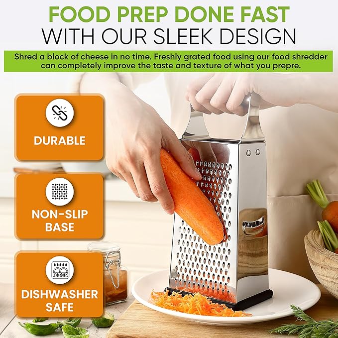 Spring Chef Magnetic Measuring Cups & Spoons Set of 15 with Leveler, Black & Stainless Steel Large Box Grater with Handle - 2 Product Bundle