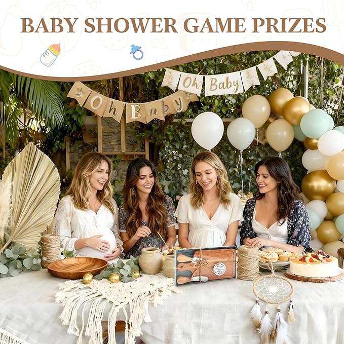 Ziliny 1 Set Bridal Baby Shower Cheese Prizes Wooden Square Board Gift Set Knives Forks Thank You Tags with Box for Guests for Valentines Bridal Baby Shower Housewarming (Cherry Wood)