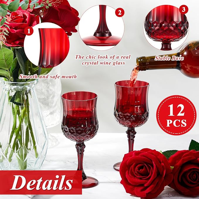 Pinkunn 12 Pcs 7 oz Plastic Vintage Wine Glasses Reusable Colored Goblets Patterned Drinking Water Glasses Cup Dishwasher Safe for Mother's Day Wedding Reception Party Supplies (Red)