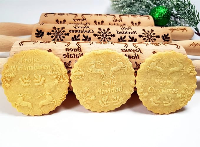 Embossing Rolling Pin for Christmas Cookies, Gingerbread, Shortbread by Algis Crafts (Merry Christmas)