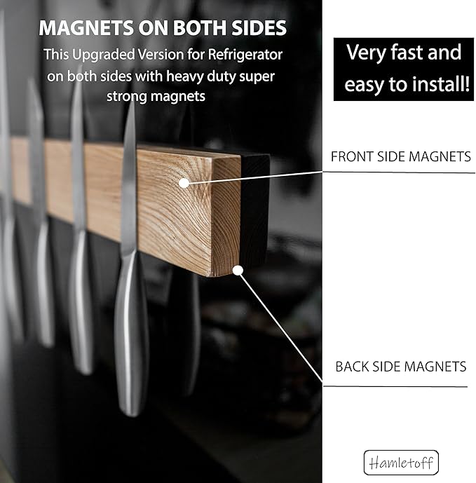 Premium Wood Magnetic Knife Holder for Refrigerator – 15 Inch Professional Double Sided Magnetic Knife Strip for Fridge - Ash Wooden Magnetic Knife Holder for Wall