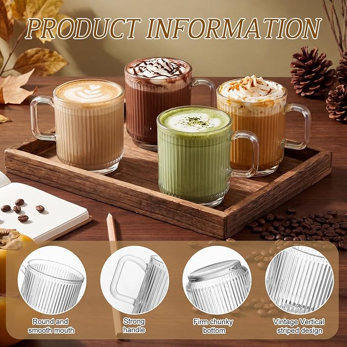 12 Pack Glass Coffee Mugs with Handles, 12 Ounces Glass Breakfast Mugs Bulk, Clear Tea Cups for Hot/cold Drinks, Glassware Set for Americano, Latte, Cappuccino (Classic)