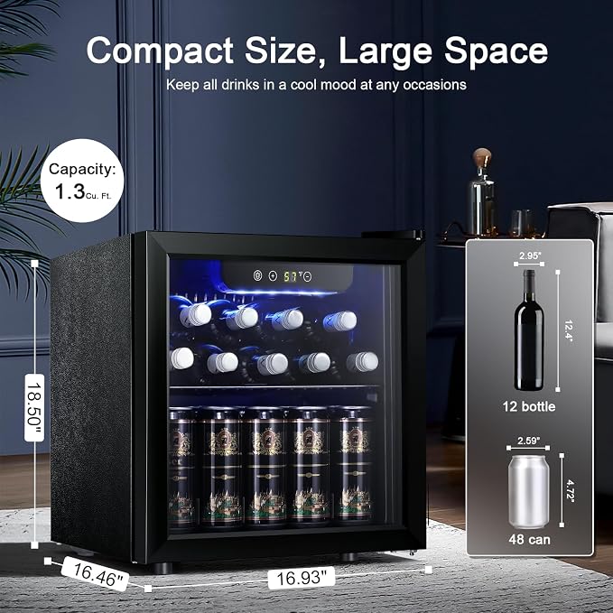 Antarctic Star 12 Bottle 48 Can Beverage Refrigerator Cooler - Mini Fridge Glass Door for Beer Soda Drinks or Wine,Freestanding Beverage Fridge for Home and Bar with Adjustable Shelving, 1.3 Cu. Ft.