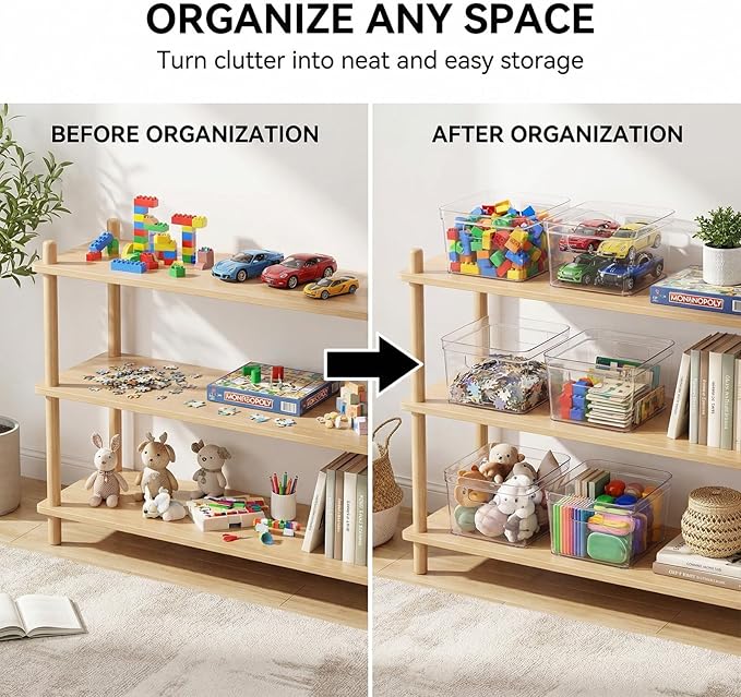 MOONEDGE 4-Pack Clear Cube Storage Bins,10x10 Plastic Organizer Boxes with Handles, Open-Top Square Containers for Closet,Pantry,Fridge,Kitchen,Bathroom,Laundry Room,UnderSink and Cabinet Organization
