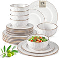 GBHOME Ceramic Dinnerware Sets, 24 pcs Embossed Elegant Stoneware Plates and Bowls Sets, Housewarming Wedding Gift | Dishwasher & Microwave Safe | Dishes Set Service for 8