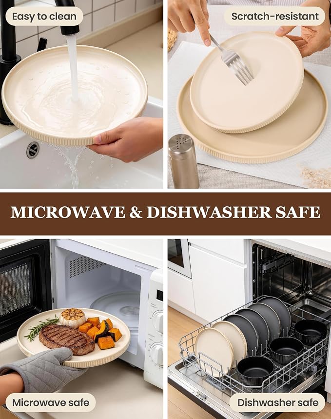 OTAGO 16-Piece Dinnerware Set for 4 with Mugs, Ribbed Stoneware Plates and Bowls Sets, Unique Handcrafted Reactive Glaze, Chip and Scratch Resistant Dish Set, Microwave & Dishwasher Safe, Yellow