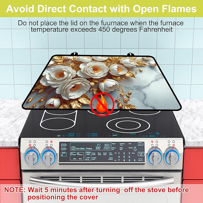 Glass stove top cover 28"x 20", Stove Top Covers for Electric Stove, Flat Range Mat for Glass Cooktop, Kitchen Heat-Resistant Protector Mat Non-Slip Drying Mat (Peony)