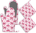 Cute Bows Cherry Oven Mitts and Pot Holders Sets of 4 Pink Love Heart Heat Resistant Silicone Oven Mits Gloves Non-Slip Kitchen Mittens Potholders for Cooking Baking Grilling BBQ