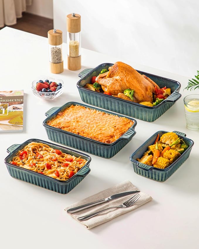 vancasso Ceramic Casserole Dishes for Oven, Reactive Glaze Bakeware Set of 4, Deep Rectangular Baking Dishes with Handles, Lasagna Pan Set, Microwave & Dishwasher Safe, Green (9.4"/11.1"/12.2"/14.7")