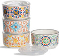 Ceramic Bowl with Lid: Microwave Safe Soup Containers Set of 4 for Meal Prep, Cereal, Salad, Picnic, Camping, Office Lunch, Kitchen Food Storage - 5 Inch, 20 oz, Design B