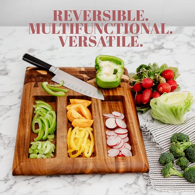 Acacia Wood Cutting Board for Kitchen and Home - Beautiful Large Butcher Block Chopping Board, Sustainable Wood, Juice Groove - Doubles as 3 Compartment Serving Board - 17 x 13 x 1.5"