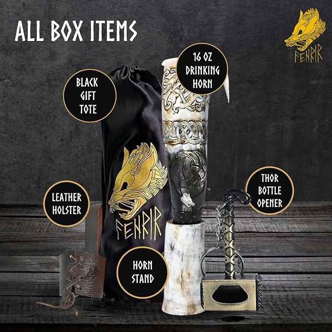FENRIR Viking Drinking Horns With Stand Leather Hoster | Thor Bottle Opener | Norse Medieval Authentic Ox Horn for Ale, Mead, Whiskey | Unique Gifts for Men | 16-20 oz Triple Horn of Odin
