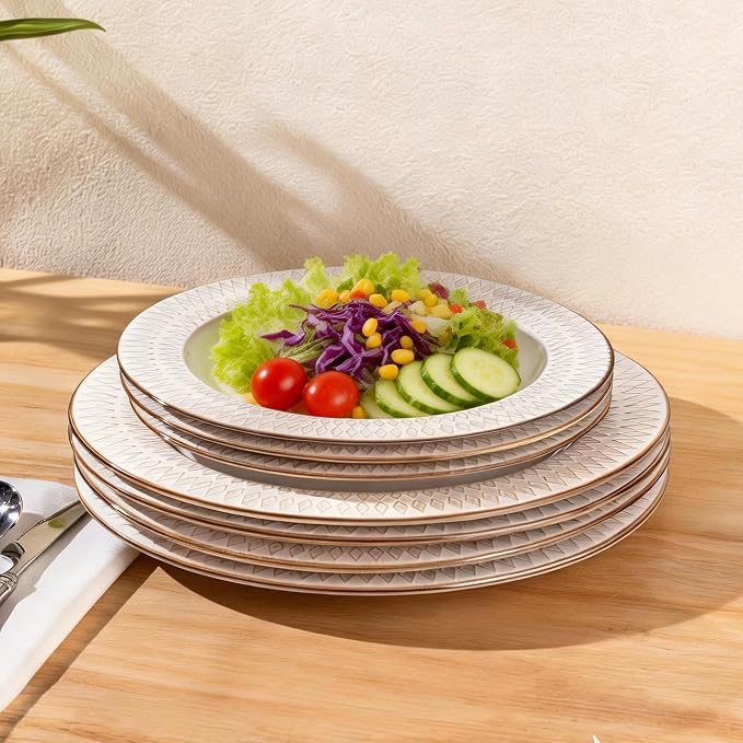 GBHOME Ceramic Dinnerware Sets,18 pcs Embossed Elegant Stoneware Plates and Bowls Sets, Housewarming Wedding Gift | Dishwasher & Microwave Safe | Dishes Set Service for 6