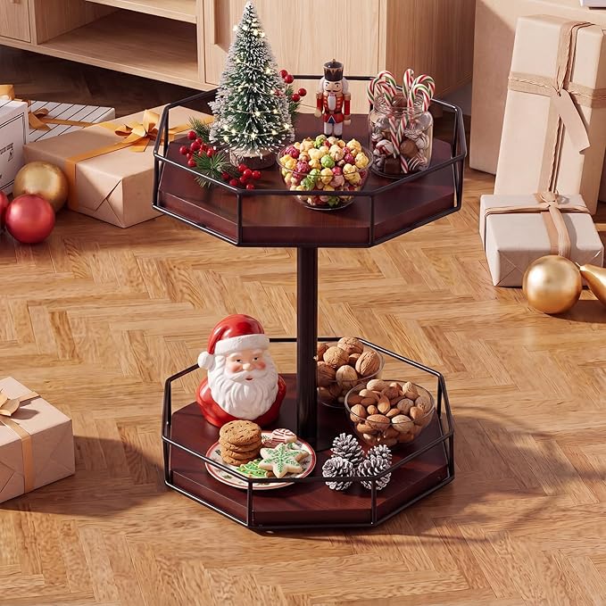 Sliner 12" Lazy Susan Organizer 2 Tier Adjustable Octagonal Spice Turntable Organizer Wooden Industrial Turntable Rotating Spice Rack for Cabinet Kitchen Countertop Pantry Bathroom