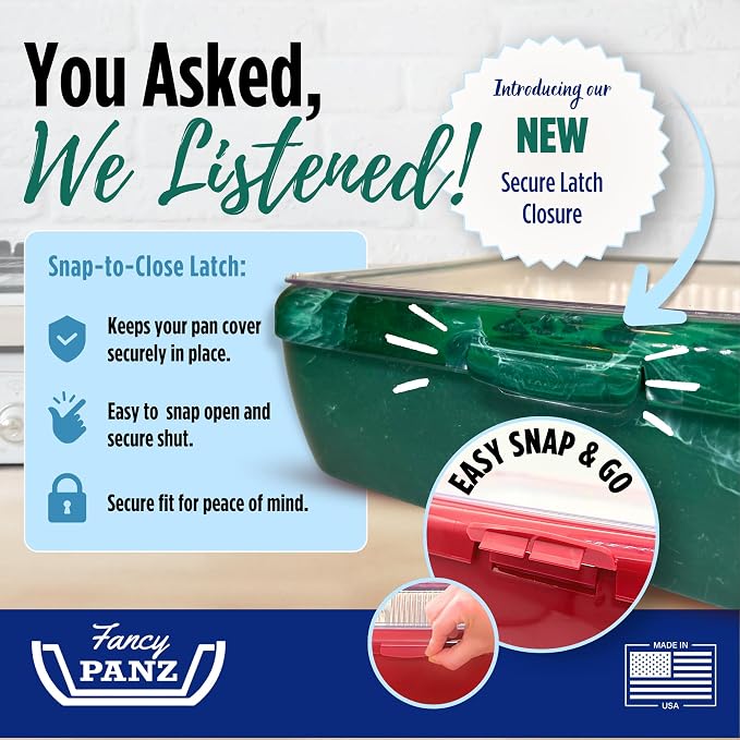 Fancy Panz Green Marble Premium Aluminum Foil Pan Carrier with Secure Latch Lid & Hot/Cold Gel Pack - Made in USA Reusable Casserole Carrier for Half Size Pans - Food Transport Holder for Entertaining