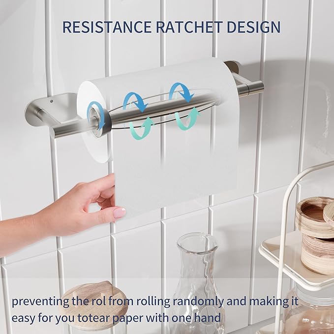 Paper Towel Holder Under Cabinet, Single Hand Operable Roll Holder with Damping Effect,Self-Adhesive or Drilled SUS304 Stainless Steel for Kitchen Bathroom,Brushed Nickel