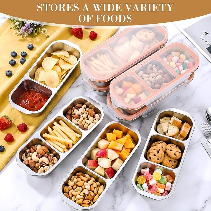 8 Pack Stainless Steel Snack Containers with Leak Proof Lids, 2/3 Compartments Metal Bento Lunch Box, Reusable Divided Food Storage Container for Adults Home Travel Work (Orange)