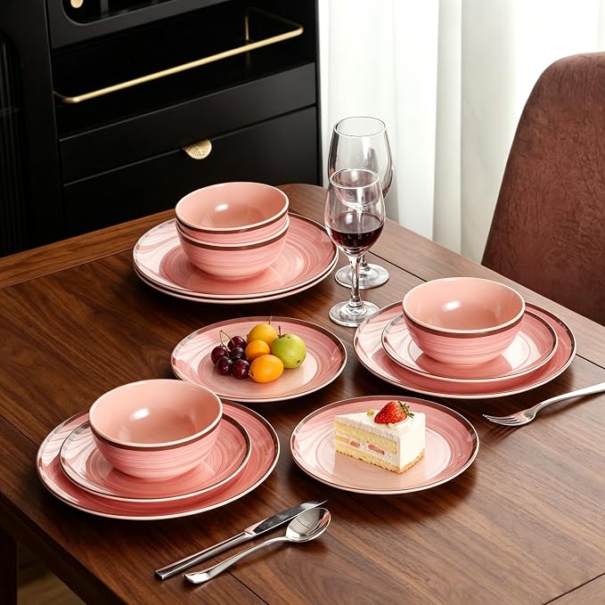 Melamine Plates and Bowls Sets, 12 Pcs Unbreakable Round Dinnerware Sets for 4, Decorative Reusable Kitchen Dishware, Lightweight for Camping RV Outdoor & Dishwasher Safe, Pink Thread