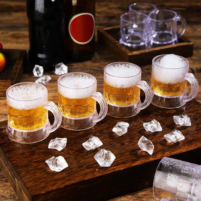Yinder 50 Pieces 2 oz Mini Beer Mug,Plastic Mini Shot Glasses, Heavy Base Clear Reusable Beer Stein Tasting Glasses,Small Plastic Shot Cups for Party Drink, Whiskey, Tequila, Vodka