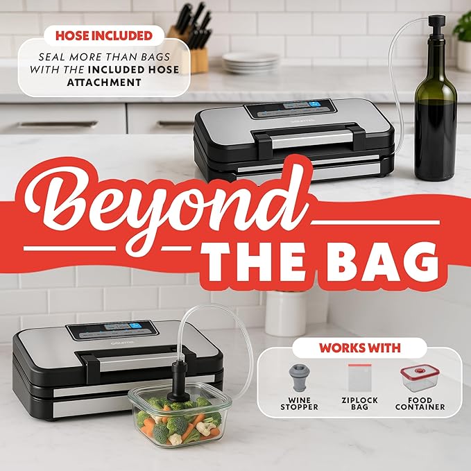 Gourmia Vacuum Sealer - 10-in-1 Food Sealer, Built-In Cutter & Roll Storage, Dry/Moist Modes, Gentle & Normal Pressure, BPA-Free Bags, Stainless Steel