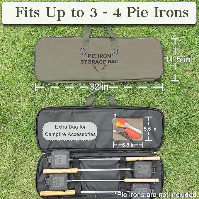 BESZONE Deluxe Pie Iron Bag for Mountain Pie Maker Cast Iron Storage Fits up to 4, Heavy Duty Padding with Extra Pocket for Campfire Accessories, Strong Straps to Secure, Camping Storage Bag 32×12in