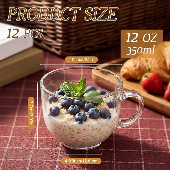 12 Pack Glass Coffee Mugs with Handles, 12 Ounces Glass Breakfast Mugs Bulk, Clear Tea Cups for Hot/cold Drinks, Glassware Set for Americano, Latte, Cappuccino(Simple)