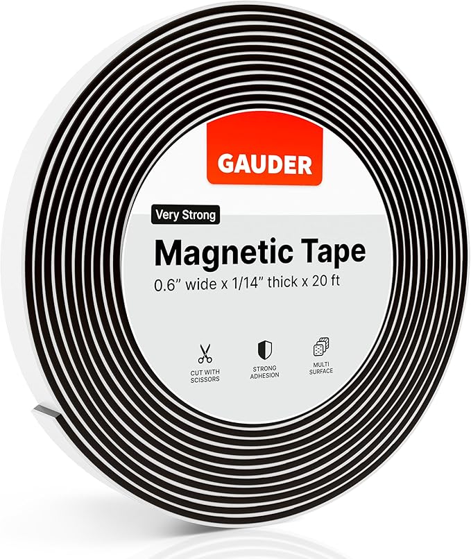 GAUDER Self-Adhesive Magnetic Tape Strong - Foam Adhesive Magnetic Strips for Uneven Surfaces - High Strength Magnet Roll with Enhanced Adhesion and Optimized Force (20 ft x 0.6 in)