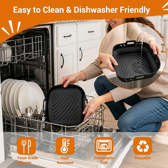 Air Fryer Accessories 8-Piece Set, Silicone Liners with Metal Rack, Skewers, Tongs & Gloves for 6QT Square Basket Air Fryer, Dishwasher Safe