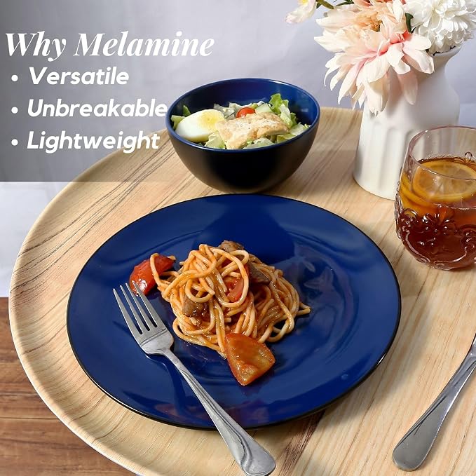 TP 18-Piece Dinnerware Set, Melamine Dishes Set with Bowls and Plates, Service for 6, Non-breakable Lightweight Dining Tableware, Blue and Black