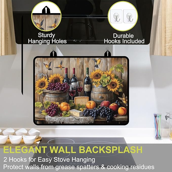 Glass Stove top Cover 28"x 20", Stove Top Covers for Electric Stove, Flat Range Mat for Glass Cooktop, Kitchen Heat-Resistant Protector Non-Slip Drying Mat (Fruits and Sunflower)