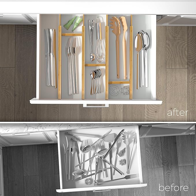 EcoFives Adjustable Bamboo Drawer Dividers with Inserts, Expandable Spring-Loaded Drawer Organizer for Kitchen, Clothes, Tools, Silverware, Bamboo Organizer Separators - 4 Large Pieces