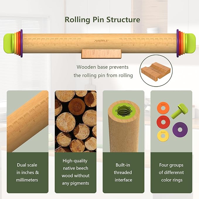 Rolling Pin with Thickness Rings and Pastry Baking Mat, 13.6" Adjustable Wooden Rolling Pin Dough Roller for Baking Cookie Pizza, Comes with Large Silicone Pastry Mat and Wooden Stand