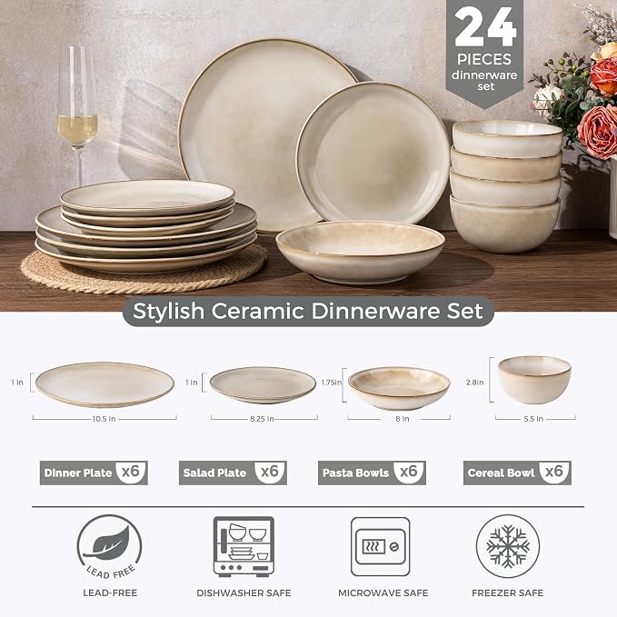 GBHOME 24 Pieces Double Bowls Dinnerware Sets for 6, Stoneware Plates and Bowls Set with Reactive Glaze, Scratch Resistant Stoneware Dishes Set, Dishwasher & Microwave Safe