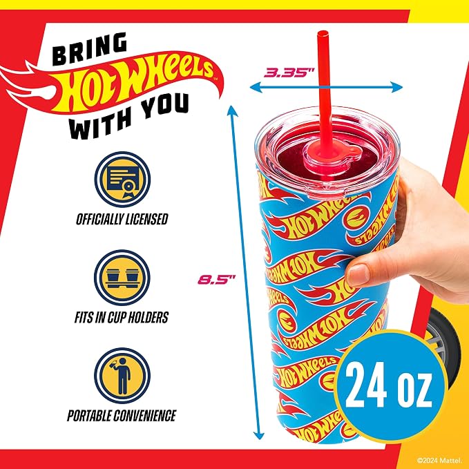 Dragon Glassware x Hot Wheels Tumbler with Straw, 24 oz - Race Team | Vacuum Insulated Stainless Steel Tumbler with Straw & Lid; Double Walled Tumbler with Straw; Hot Wheels Cup with Lid