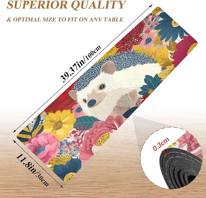 2 in 1 Table Runner Trivet for Hot Pots and Pans Heat Resistant Non Slip Waterproof 39 x 12 Inch Decorative Table Protector for Kitchen Countertop Garden Flowers Hedgehogs Colorful