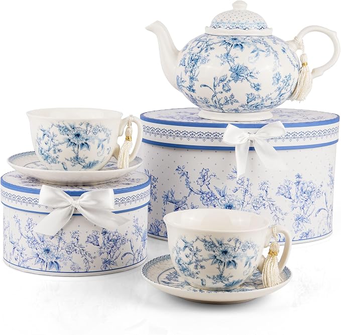 STP GOODS Blue Flowers Bone China Cup and Saucer Set in Gift Box (Blue)