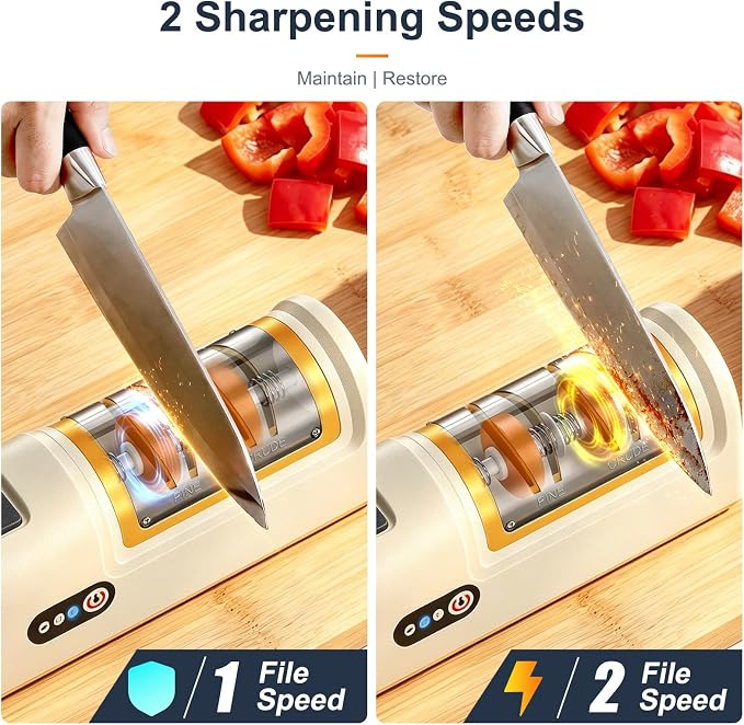 3 Stage Electric Knife Sharpener 2 Speed, Coarse & Fine Slots with Extra Fine Honing Stone on Handle, 20° Precision Angle Guide, Rechargeable Cordless Battery & Plug-in for Chef Knives