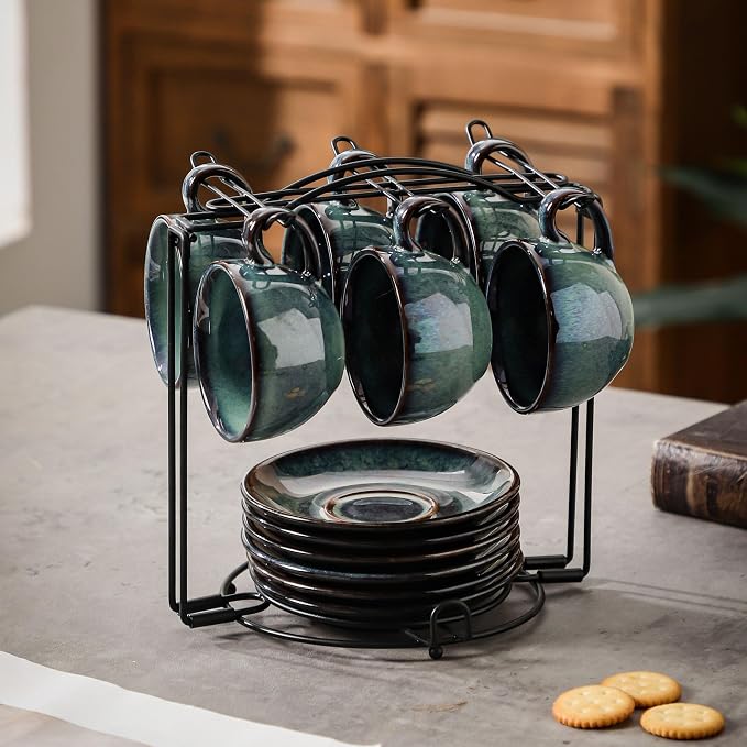6 sets of 4OZ green coffee cup saucer sets, ceramic coffee cups with metal display racks, unique kiln enamel technology, suitable for tea, espresso, latte, cappuccino (6, Green, 4, ounces)
