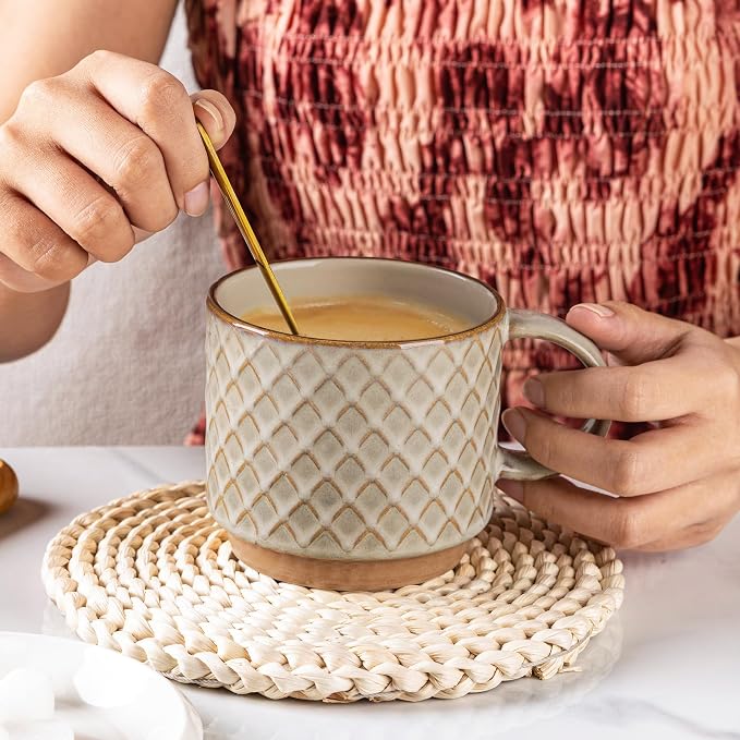 GBhome 12OZ Stackable Coffee Mugs Set of 6, Ceramic Coffee Mugs with Texture Patterns for Man,Woman,Dad,Mom, Modern Coffee Mugs Cups for Latte/Cappuccino/Cocoa. Dishwasher&Microwave Safe, Pale Khaki