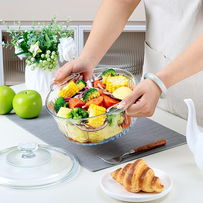 NUTRIUPS Glass Casserole Dish with Glass Lid, Borosilicate Glass,Casserole Dish for Oven, Baking Dish with Lid (2.4QT-ear)