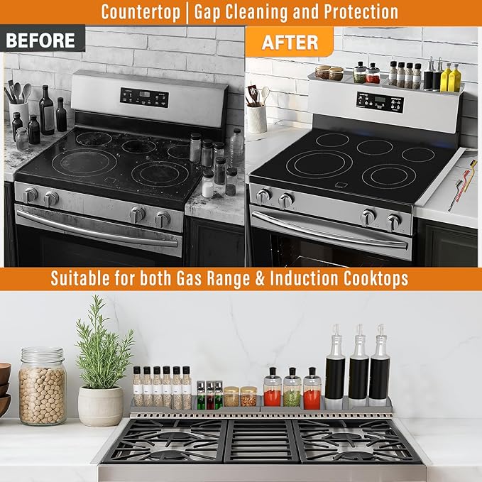 Stove Gap Covers Stainless Steel 2PC(0.08"–0.7"W,13.8"–27.5"L) + 30"(2x15") Magnetic Stove Shelf|2-in-1 Adjustable Counter Gap Filler&Range Organizer|Heat Resistant Bonus Cleaning Brushes&Pads