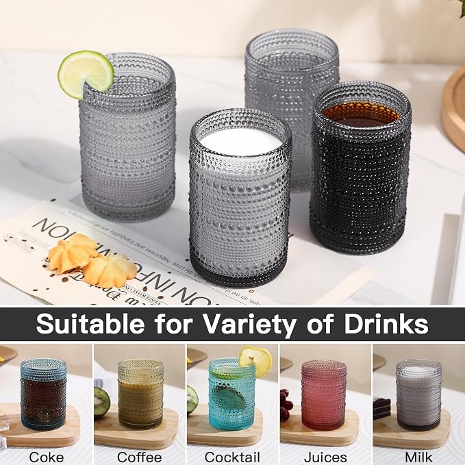 JOVGANK Grey Vintage Hobnail Drinking Glasses Set of 6, Embossed Water Tumbler 15oz, Kitchen & Bar Beaded Highball Glasses, Beverage Glass Cups for Water, Beer, Juice, Housewarming Gift