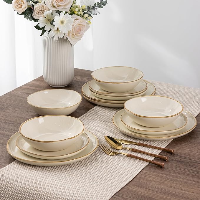 AmorArc Ceramic Dinnerware Sets,Handmade Reactive Glaze Stoneware Plates and Bowls Sets,Highly Scratch Resistant | Dishwasher & Microwave Safe Dishes Set,Service for 4 (12pc)