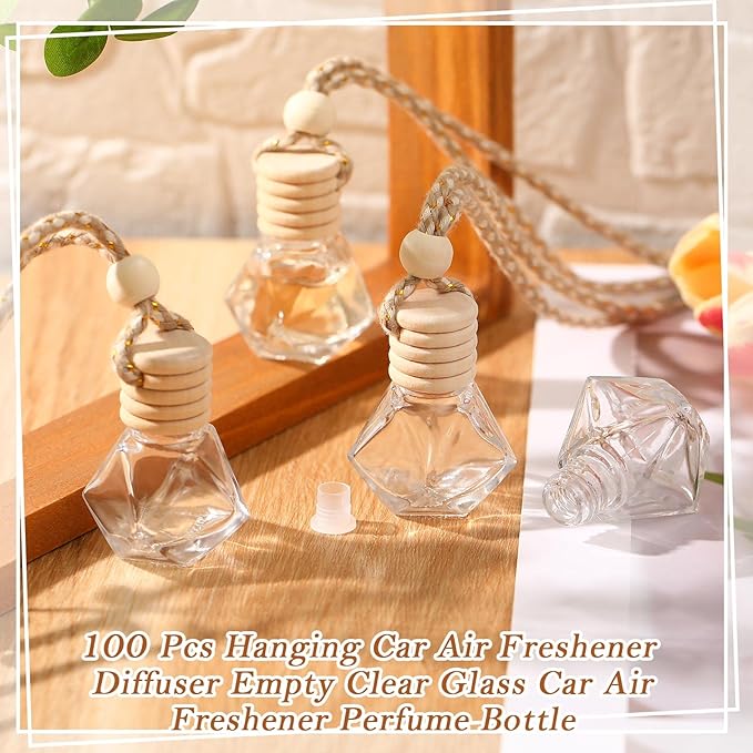 Rtteri 100 Pcs Hanging Car Air Freshener Diffuser Bottles Empty Glass Perfume Diffuser Vials Refillable Oil Aromatherapy Pendant with Wooden Caps and Hanging String for Car Home Office Decor(Diamond)