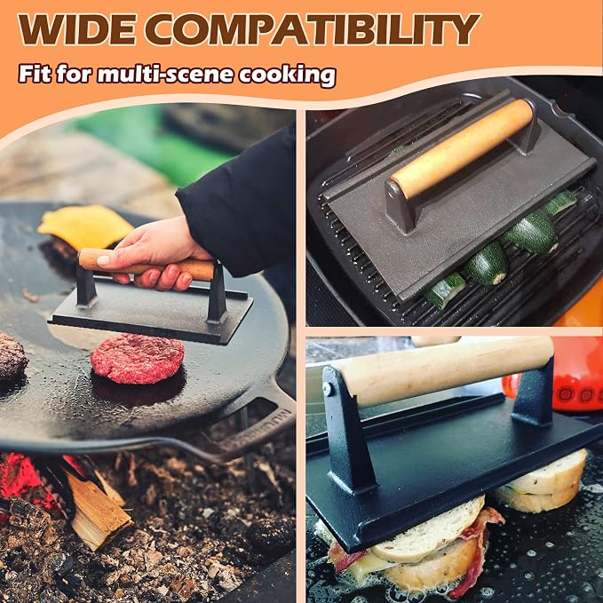 14 Inch Rectangular Melting Dome & Grill Press Kit for Blackstone Accessories, Stainless Steel Cheese Basting Cover and Cast Iron Bacon Burger Press for Flat Top Griddle Grill