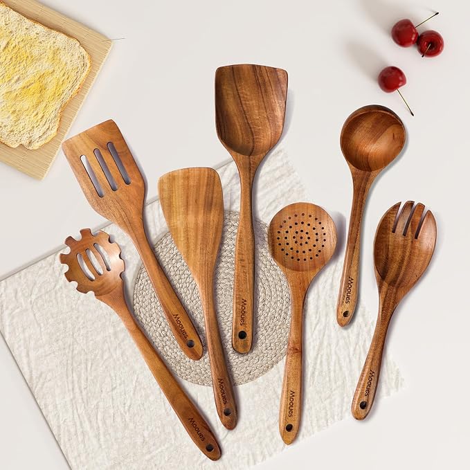 Mooues Wooden Spoons for Cooking, Wooden Utensils for Cooking Natural Teak Wooden Kitchen Utensils Set Comfort Grip (7 PCS SET)