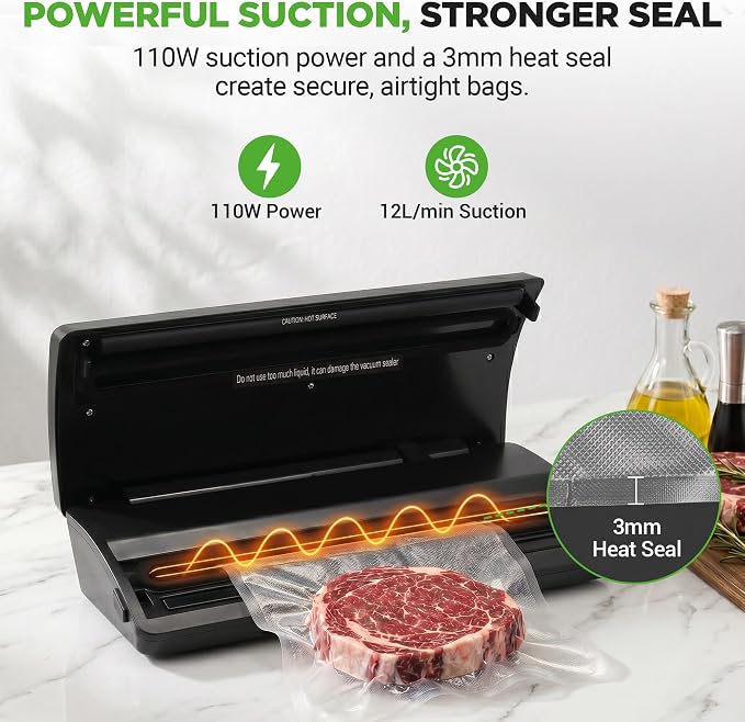 NutriChef Vacuum Sealer for Food - Automatic Electric Air Sealing Preserver System with Gentle and Normal Modes, Roll Cutter, Reusable Bags, Meal Prep Storage, Suitable for Dry/Moist Foods